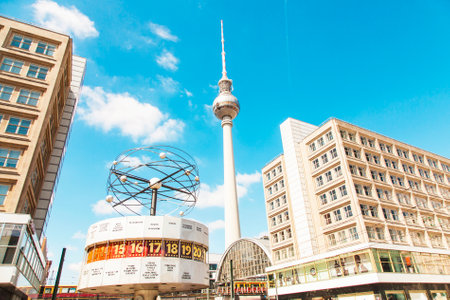 BERLIN, GERMANY - 15 JUNE 2017: Alexanderplatz main public square in the center of Berlin. Wide angle photo.のeditorial素材