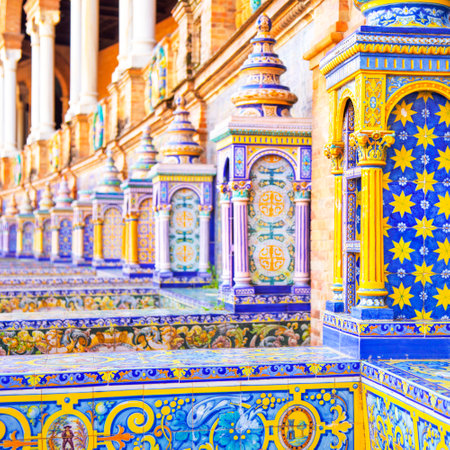 Colorful Spanish tile decorations at Plaza de Espana (Spanish Square) in Seville, Spainのeditorial素材