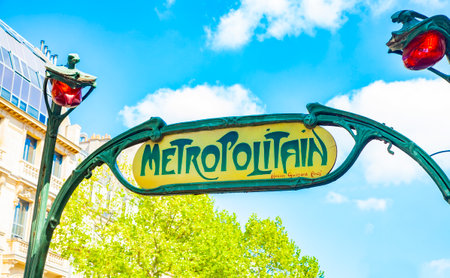 PARIS, FRANCE - 20 May 2019: Metropolitain sign in Paris, Art Nouveau symbol by Hector Guimardのeditorial素材