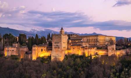 Alhambra palace at sunset, Granada, Spainのeditorial素材