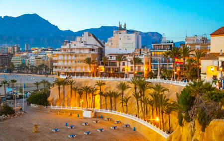 BENIDORM, SPAIN - 14 March 2019: Old town skyline and beach Platgeta del Mal Pasのeditorial素材