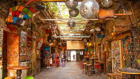BUDAPEST, HUNGARY â11 September, 2019: Szimpla Kert ruin bar interior in Budapestのeditorial素材