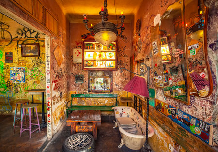 BUDAPEST, HUNGARY â11 September, 2019: Szimpla Kert ruin bar surreal interiorのeditorial素材