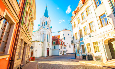 Riga old town panoramic photo, Latviaのeditorial素材