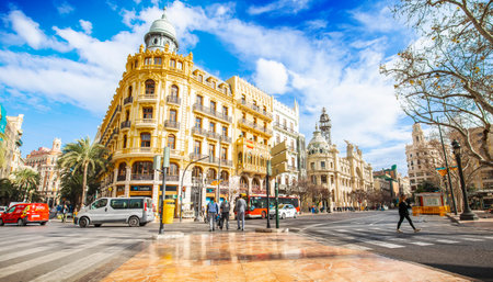VALENCIA, SPAIN - 3 March, 2020: View of Valencia old town and Caixa Bank building on Modernism sqaureのeditorial素材