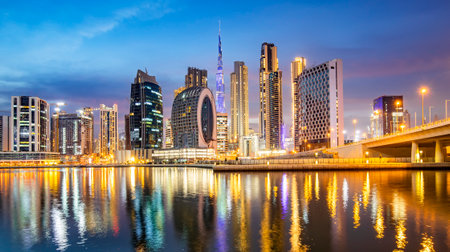 Dubai city skyline panorama at sunsetのeditorial素材
