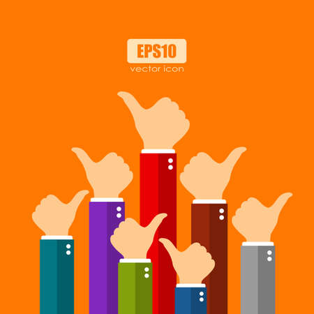 Many raised hands with thumb up sign, cheering concept vector illustrationのイラスト素材