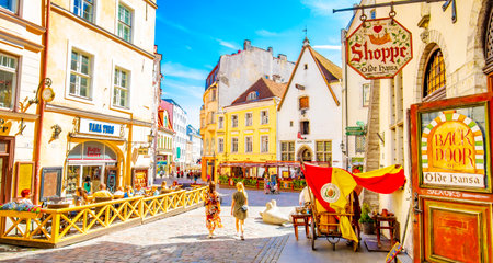 Tallinn, Estonia - 20 July, 2020: Old city view and central Viru streetのeditorial素材