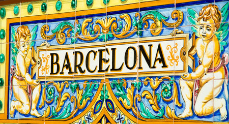 Spanish colorful tiles with text Barcelona, Plaza de Espana in Sevilleのeditorial素材