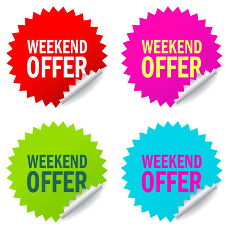 Weekend offer vector labels set isolated on white backgroundのイラスト素材
