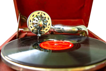 Old vintage record player on white backgroundの写真素材