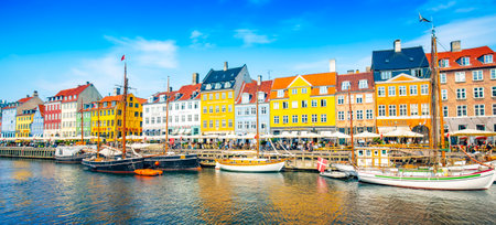 Copenhagen, Denmark - June 19, 2020: Nyhavn harbour panorama and historic old townのeditorial素材
