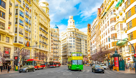 Valencia, Spain - 3 March, 2020: View of Valencia city, Placa de l'Ajuntament streetのeditorial素材