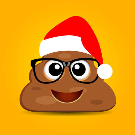 Poop emoji with Christmas hat, vector funny cartoon on yellow backgroundのイラスト素材