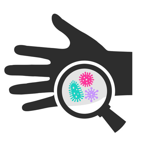 Magnifying glass and hand microbes vector icon isolated on white backgroundのイラスト素材
