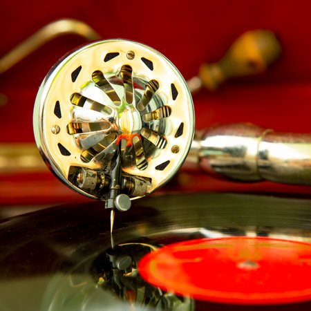 Vintage gramophone, old records player close-up photoの写真素材