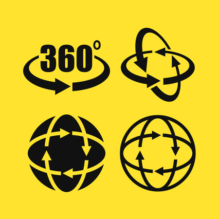Angle 360 degree icon, full view symbols set isolated on yellow backgroundのイラスト素材