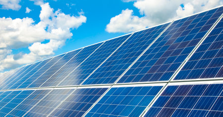 Solar panels and sun energy system, green energy conceptの写真素材