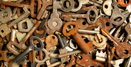 Vintage rusted keys, old metal textureの写真素材