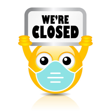 Character with face mask holds sign we're closed, vector cartoon on white backgroundのイラスト素材