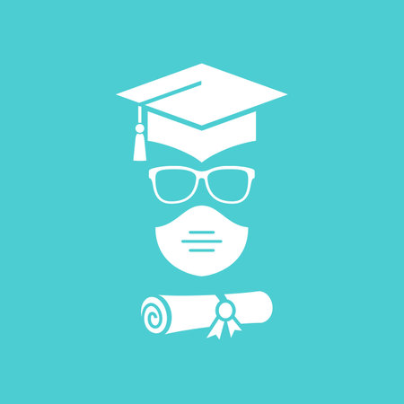 Graduated student with surgical mask vector icon on blue backgroundのイラスト素材