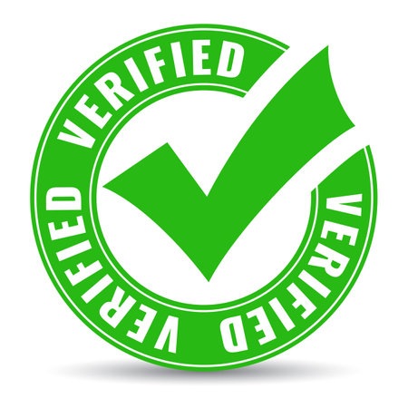 Verified circle icon with green tick, vector emblem on white backgroundのイラスト素材