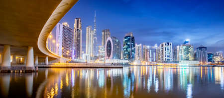 Dubai skyline at night, Business Bay district, United Arab Emiratesの写真素材