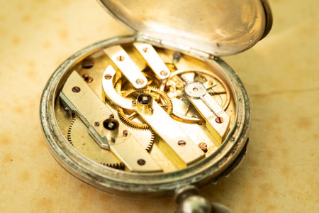 Inside of old pocket watch, antique clocks mechanismの写真素材