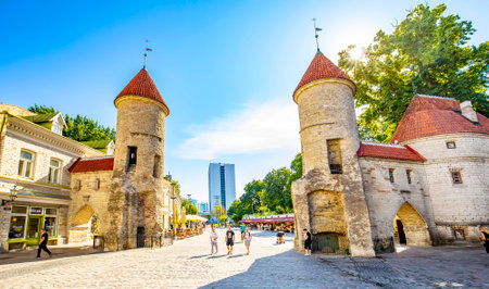 Tallinn, Estonia - 30 July, 2020:  Old town scenic view and Viru Gates panoramaのeditorial素材