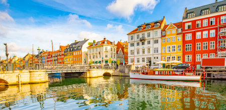 Copenhagen old town panorama, Nyhavn harbor, Denmarkのeditorial素材