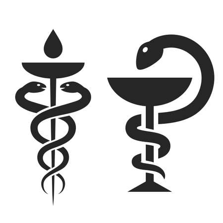 Snake and bowl icon, medical homeopathy sign on white backgroundのイラスト素材