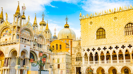 Doge's Palace and St Mark's Basilica panoramic vew, Venice, Italyのeditorial素材