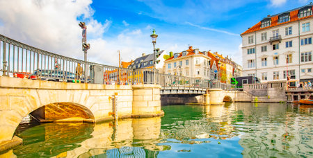 Panoramic view of Copenhagen old town, Nyhavn harbor, Denmarkのeditorial素材