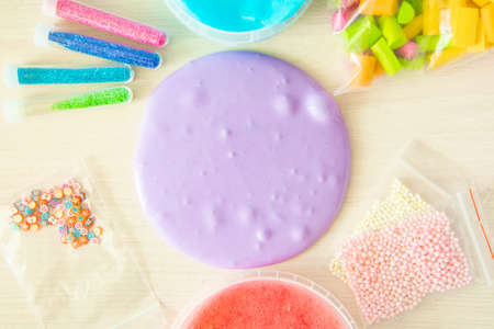 Making fluffy slime at home, slime ingredientsの写真素材
