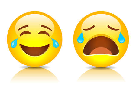 Sad and smiling emoji, vector cartoons on white backgroundのイラスト素材