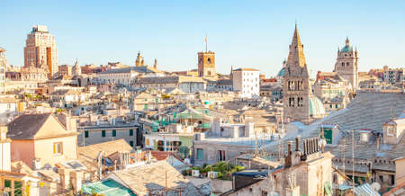 Genoa old town skyline, wide panoramic view, Italy travel photoの写真素材