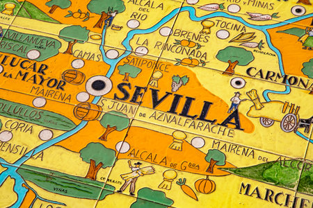 Seville, Spain - 12 May, 2021: Tile map of Sevilla region on Plaza de Espanaのeditorial素材