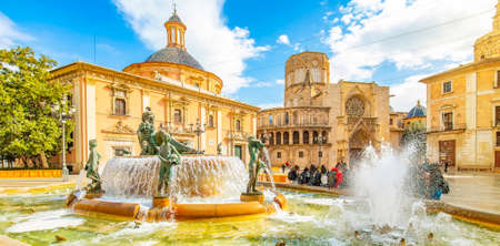 Panorama of Valencia old town and Turia fountain, Spain travel photoの写真素材
