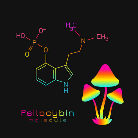 Psilocybin molecule, chemical formula with magic mushrooms over black backgroundのイラスト素材