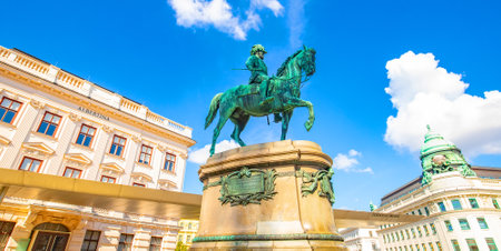 Vienna, Austria - 25 March, 2022: Panorama of Vienna old town, statue of Archduke Albrecht and Albertina museum buildingのeditorial素材