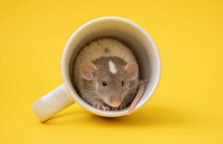 Cute little dumbo rat in a coffee cup over yellow backgroundの写真素材