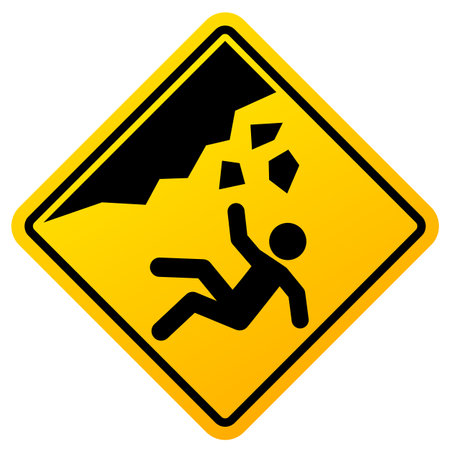 Unsafe area warning sign, falling rocks danger banner on white backgroundのイラスト素材
