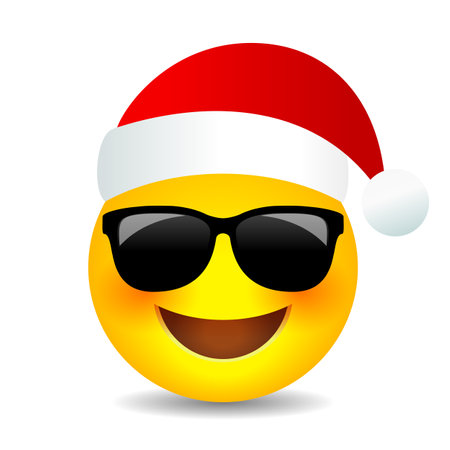 Santa emoji with red Christmas hat, vector cartoon on white backgroundのイラスト素材