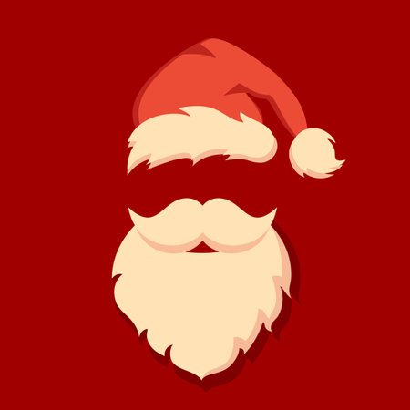 Santa Claus face mask, beard and hat vector cartoon on red backgroundのイラスト素材