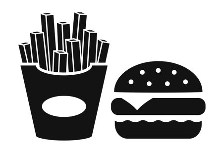 French fries and burger, fast food icon on white backgroundのイラスト素材