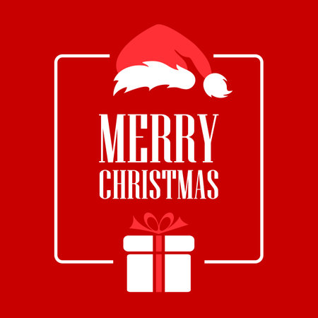 Merry Christmas greeting card design, vector cartoon on red backgroundのイラスト素材