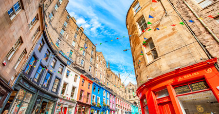 Edinburgh, Scotland - 2 September 2022: Famous Victoria street in Edinburgh old townのeditorial素材