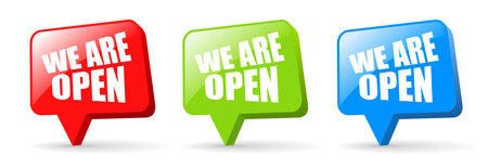 We are open glass web buttons on white backgroundのイラスト素材
