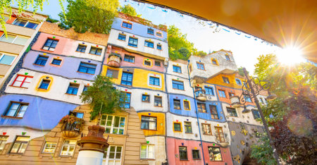 Scenic view of Hundertwasser house, popular tourist attraction in Vienna city, Austriaのeditorial素材