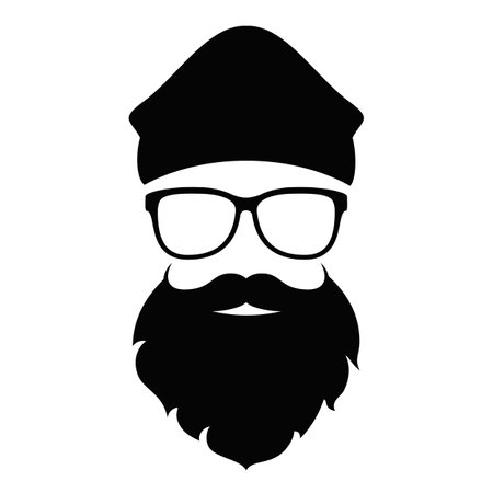 Hipster face with glasses and beard, vector cartoon on white backgroundのイラスト素材